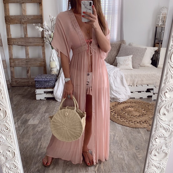 🌺 Pink Sheer Bikini CoverUp Kimono Dress - Picture 2 of 7